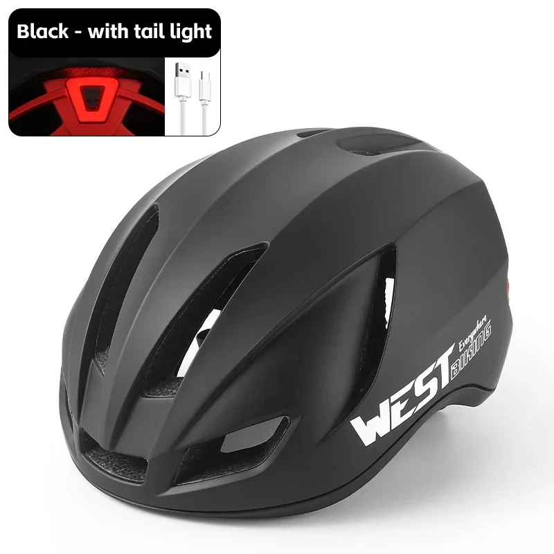 West Biking-Casco aerodinámico de ciclismo para hombre y mujer, casco de bicicleta de carretera de , PC + EPS, con luz trasera de advertencia USB: l / Negro