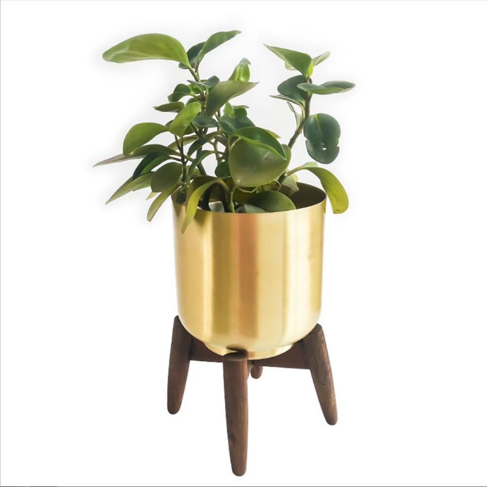 Classic Iron Flower Pot With Wood Holder Plant Stand Display Rack Planter For Indoor Desktop Window Sill Decoration