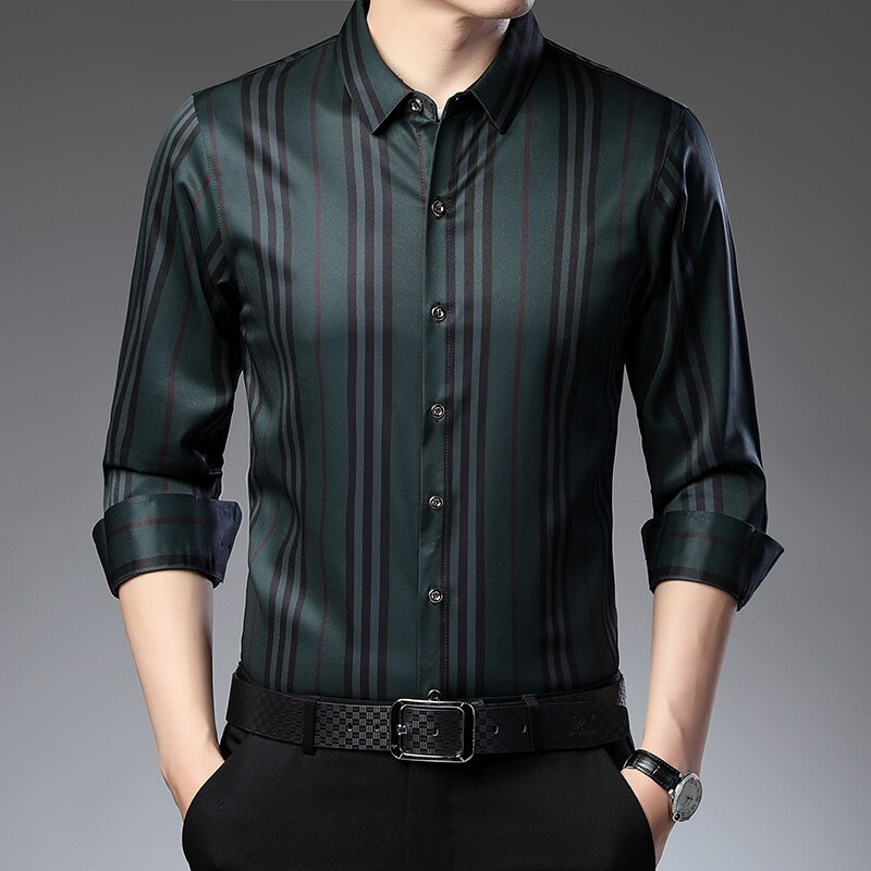 Luxury Silk Shirts Thin Long Sleeve Striped Dress Shirts Men Korean Casual Slim Fit Camisa Masculina C846: green / 4XL