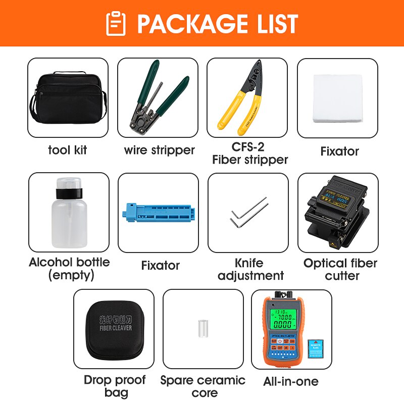 Mini Optic Fiber Fiber Power Meter FTTH Fiber Optic Splice Tool Kit Fiber Cutter AUA-60S CFS-2 Fiber Stripper