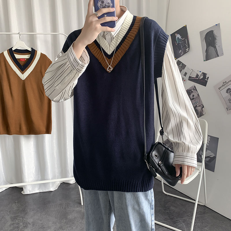 Efterårs sweater vest herre retro afslappet v-hals strikket pullover herre streetwear løs koreansk vest sweater herre tøj: Blå / Xl
