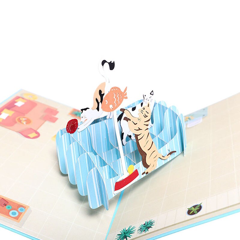 3D Pop UP Cards Birthday Card for Kids Wife Husband Cartoon Cat Card Postcards Card Paper-cut Greeting Card