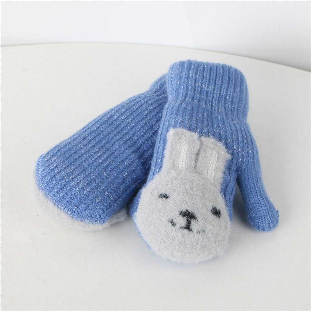 Full Covery Winter Warm Knitting Cartoon Gloves Kid Girls Boys Winter Knit Cartoon Patchwork Keep Warm Mittens Lanyard Gloves