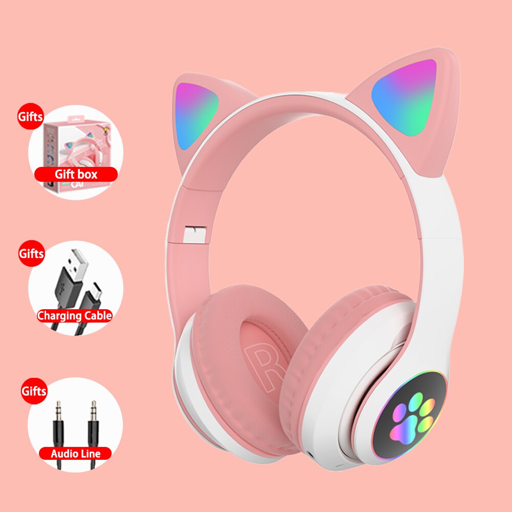 Cat Ears Cute Wireless Helmets Bluetooth Headphone Big Wireless bluetooth Headset LED Kid Girl Helmet Phone Headset Earbud: Pink  Headsets