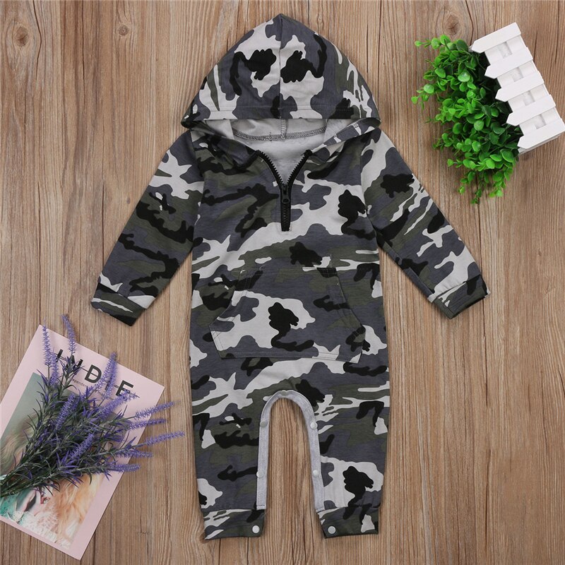 Infant Baby Boy Hooded Camouflage Romper Newborn Baby Camo Long Sleeve Warm Autumn Jumpsuit Outfit Boys Clothing: 6M