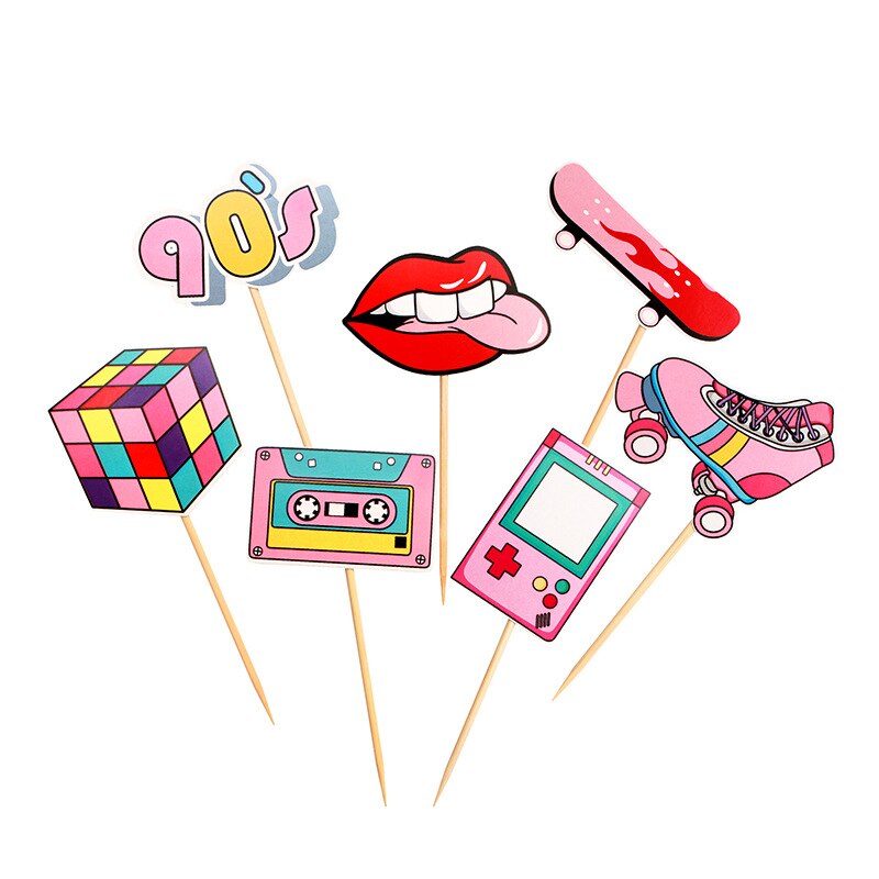7 stk 90 's hip hop kage topper pink legetøj cupcake toppers til 80s 90s festpynt tilbehør til voksen fødselsdagsfest: Default Title
