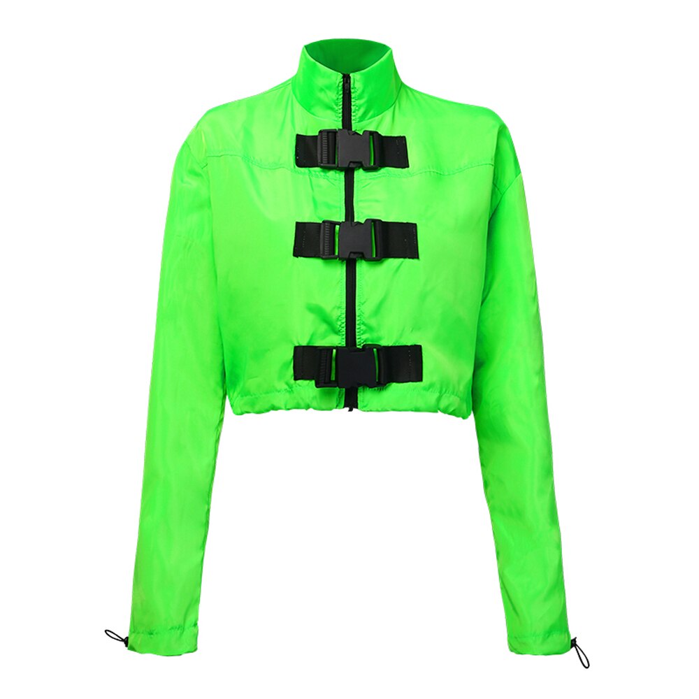 Neon Groene Vrouwen Korte Jas Rits Gesp Casual Windjack Lange Mouwen Elastische Trekkoord Jas Streetwear: M