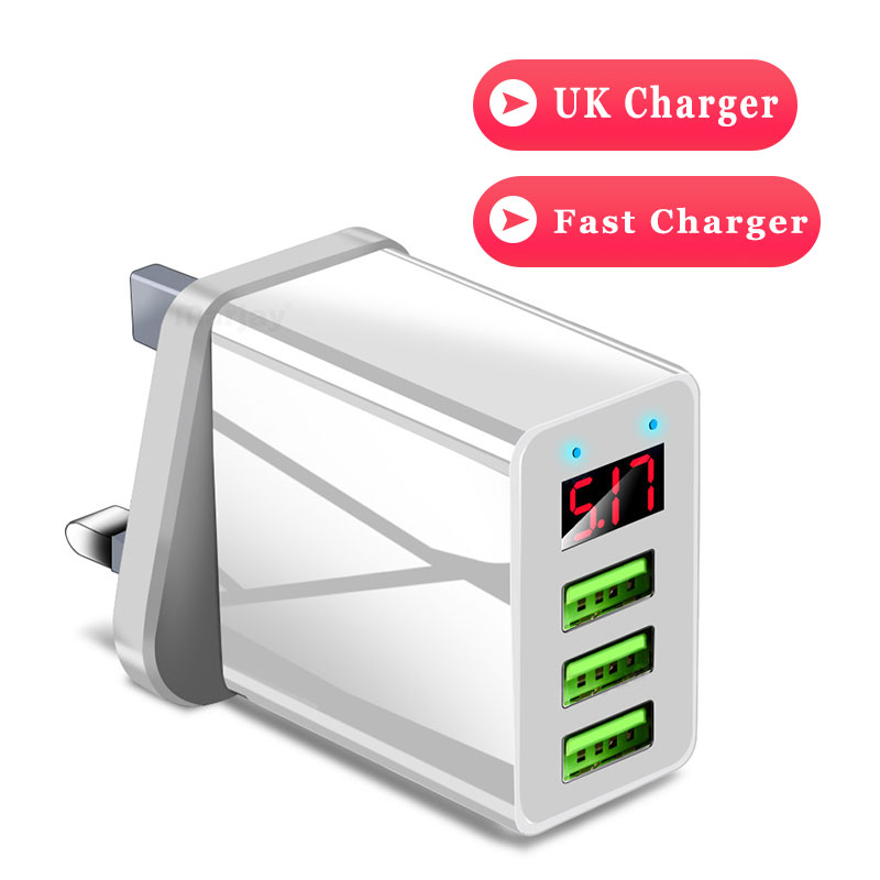 Elough 3 porty USB szybka ładowarka 30W 5V/3A LED cyfrowy wyświetlacz telefon komórkowy szybka ładowarka ładowarki do telefonów komórkowych uniwersalna ładowarka do iPhone Xiaomi Poco x3 ładowarka ścienna: UK White