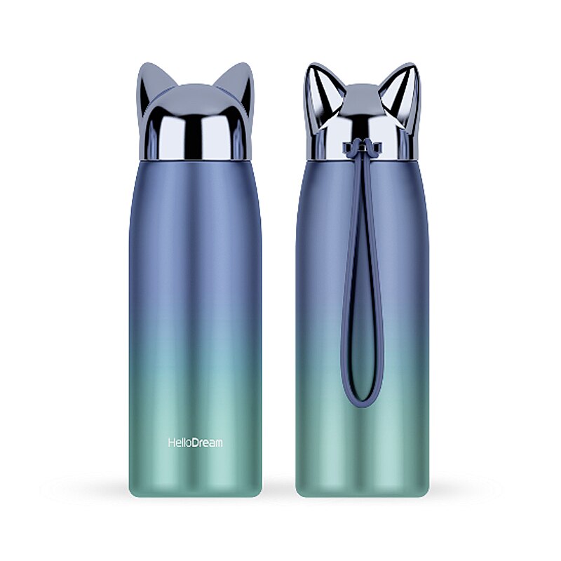 1 stücke Nette Edelstahl Katze ohren Thermos Tassen Thermocup Isolierte Becher Vakuum Glaskolben Thermo Kaffee Becher Reise Flasche Becher: kurz Blau