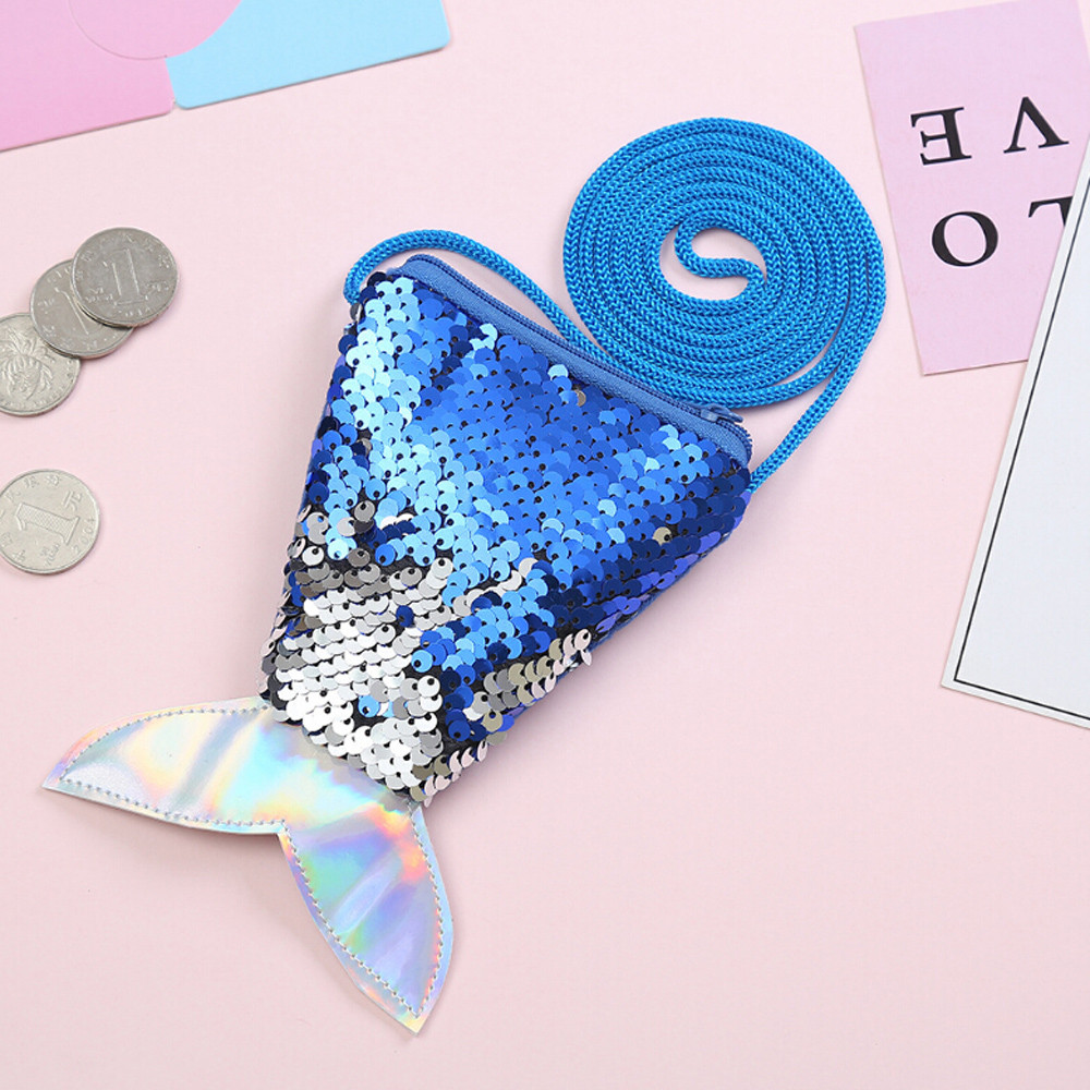 Small Coin Purses Sequins Children Handbags Zipper Panelled Fish Shape Wallets Cute Pouch Key Packet Handbag Women Girls: Blue