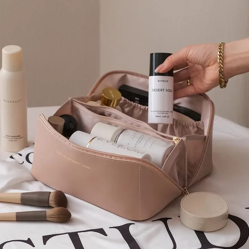 Bolsa de cosméticos de viaje grande para mujer, organizador de maquillaje de cuero, neceser femenino, estuche de maquillaje, bolsa de almacenamiento, caja de lujo para mujer: green