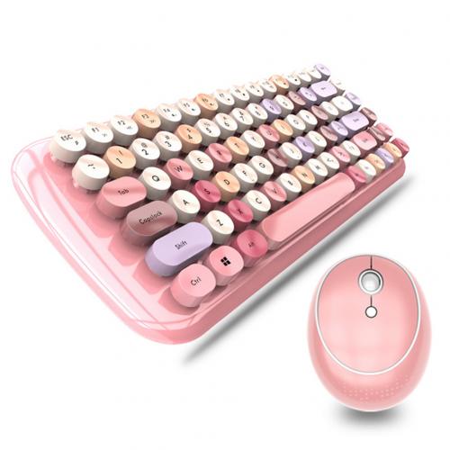 Cute Mini Wireless Bluetooth Keyboard Mouse Kit Cute Steampunk 2.4G Wireless Mouse Mixed Color Round Retro Colorful Keyboard: Pink