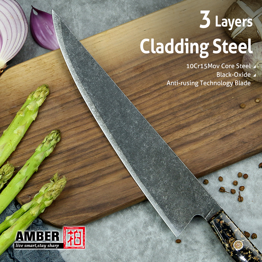 AMBER Kitchen Knife 10Cr18Mov 3 Layers Cladding Steel Chef Knife Gold-Foil Resin Handle Chinese Cleaver Knives Cooking