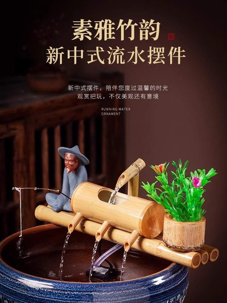 Décoration Feng Shui en bambou pour Aquarium, recyclage de l'eau, fontaine d'eau en Tube, filtre de creux en pierre, mobilier de bureau