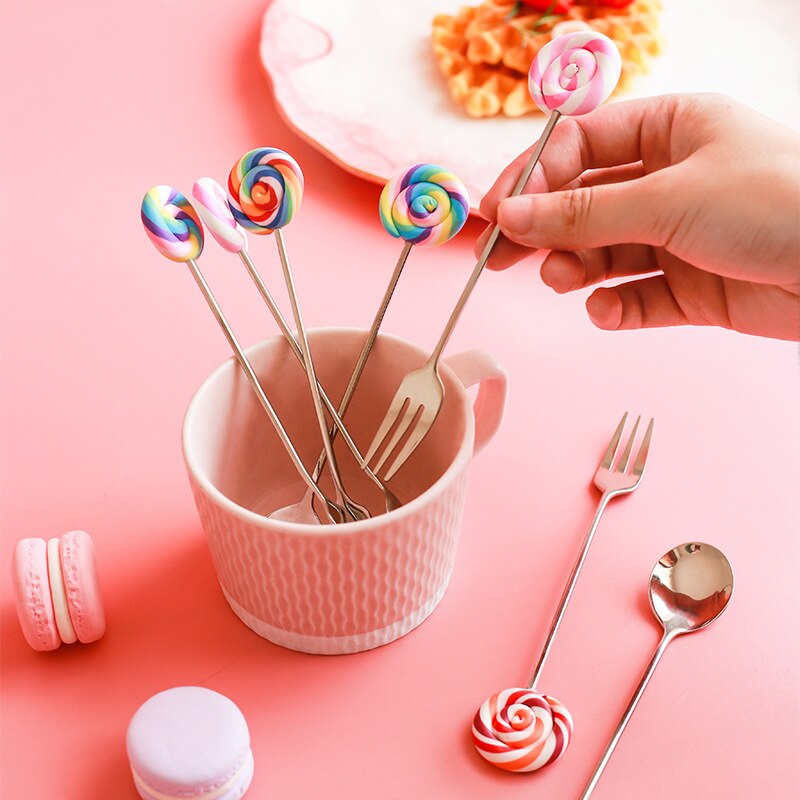 Cute Lollipop Children Spoon 304 Stainless Steel Coffee Stirring Spoon Dinner Fruit Fork Teaspoon Dessert Tea Scoop Tableware