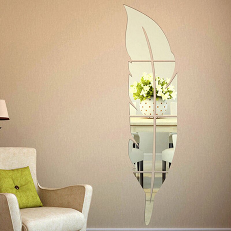 Silver DIY Acrylic Mirror Wall Stickers Feather For Living Room Bedroom Home Decals DIY Acrylic Decoration Wall Stickers