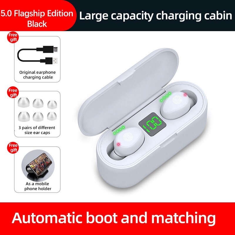TWS Bluetooth 5.1 Earphones 2200mAh Charging Box Wireless Headphone 9D Stereo Sports Waterproof Earbuds Headsets With Microphone: White