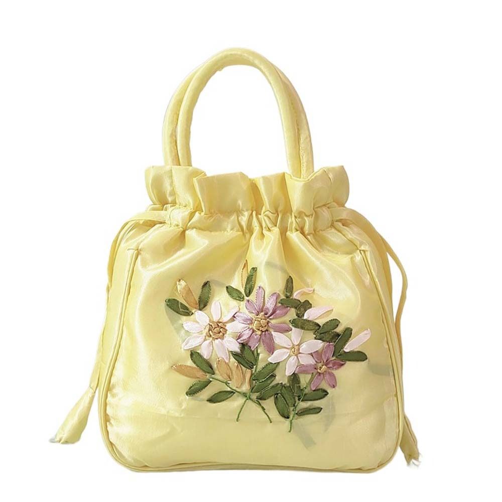 Bolso de mano con bordado de seda satinada para mujer, cartera pequeña con cordón Floral, Hanfu, Retro y: Negro