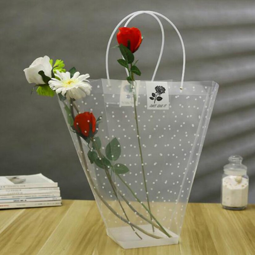 Bolsas de flores portátiles transparentes con estampado de lunares, bolsas de plástico decorativas para almacenamiento de flores de boda, embalaje de Pascuas, bolsas de cumpleaños para niña