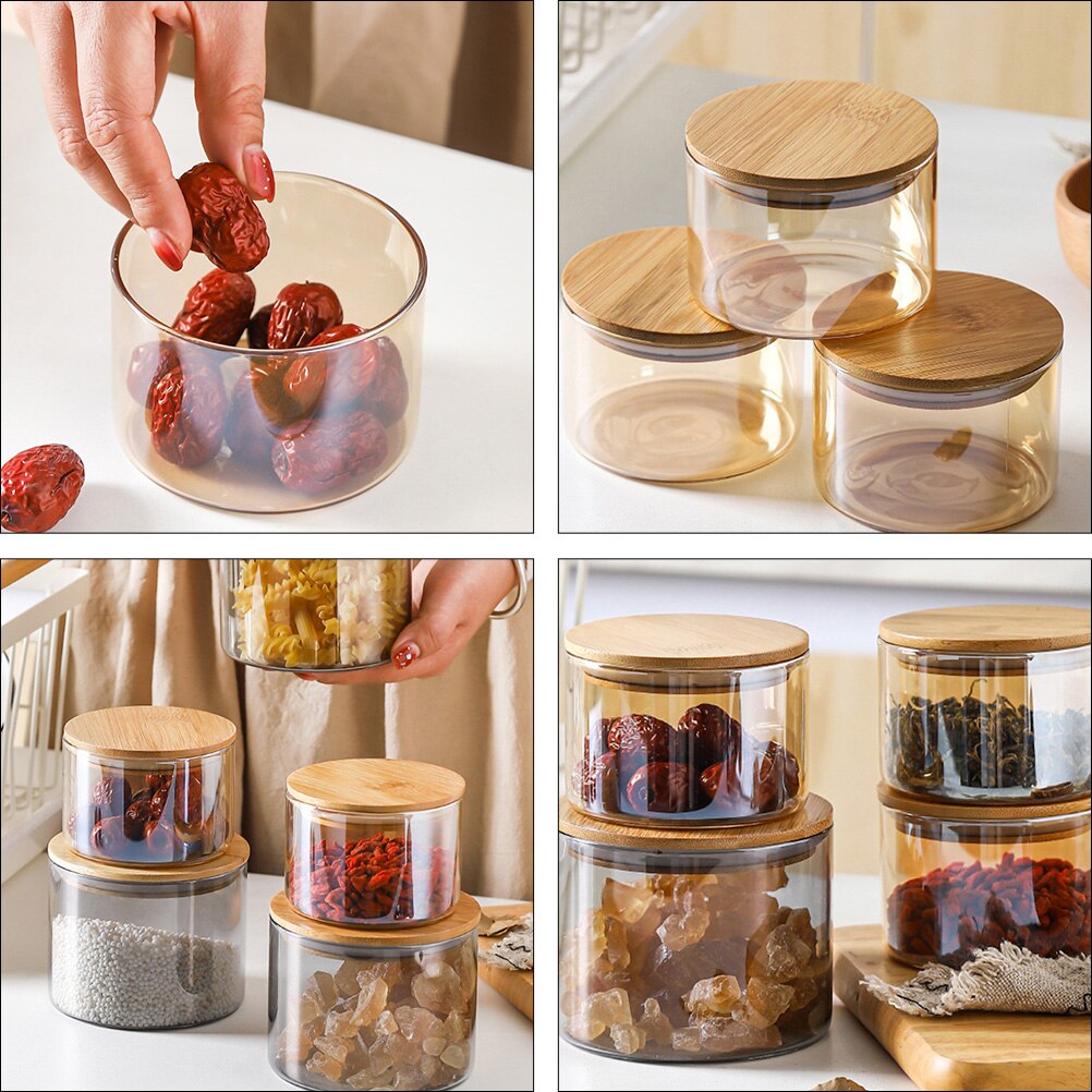 Bocal de stockage de fruits secs en verre, récipient de cuisine scellé avec couvercle en bois # h5 1 pièce