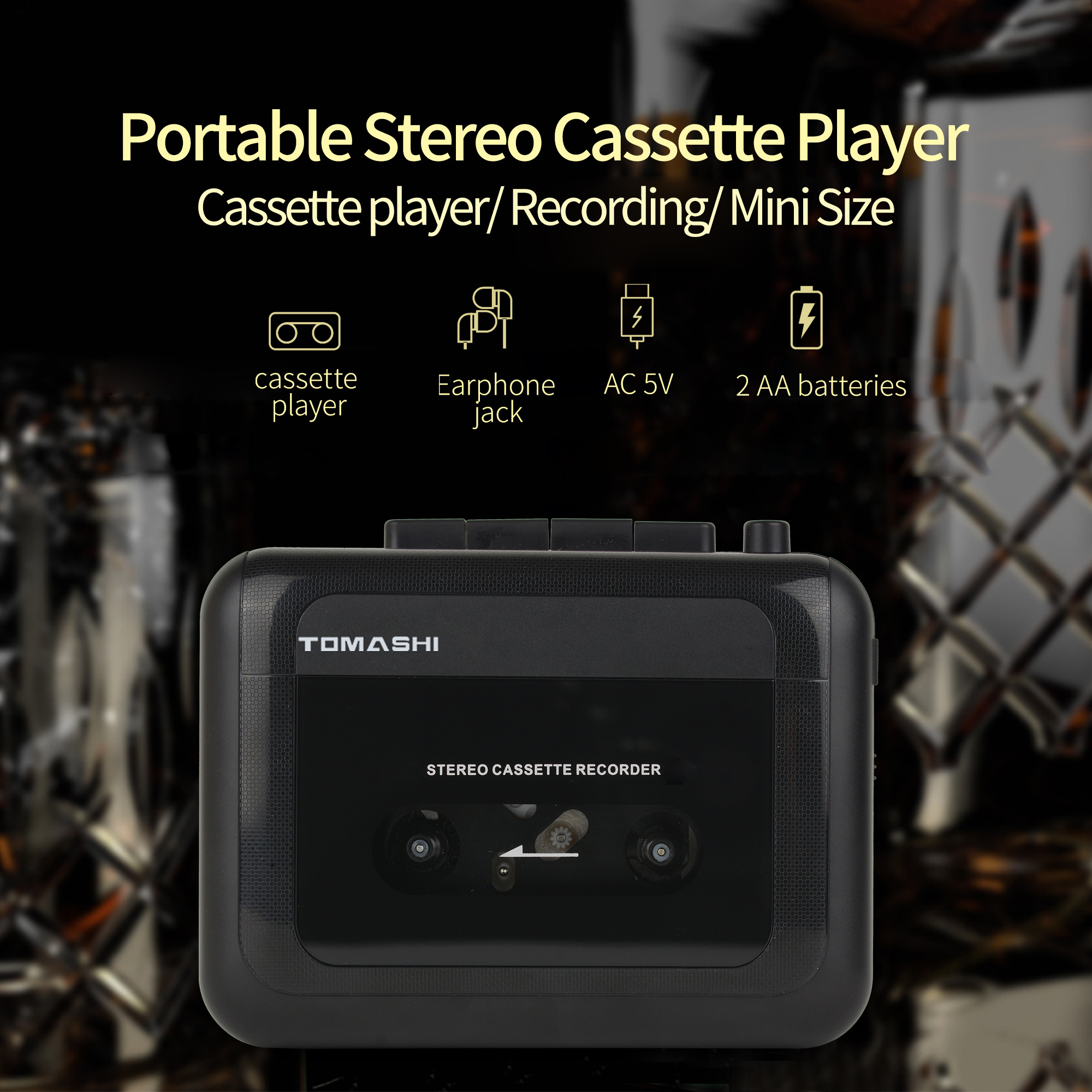 TOMASHI Lettore di cassetta stereo portatile Registratore a nastro Walkman con microfono, Jack per cuffie, lettore di cassetta