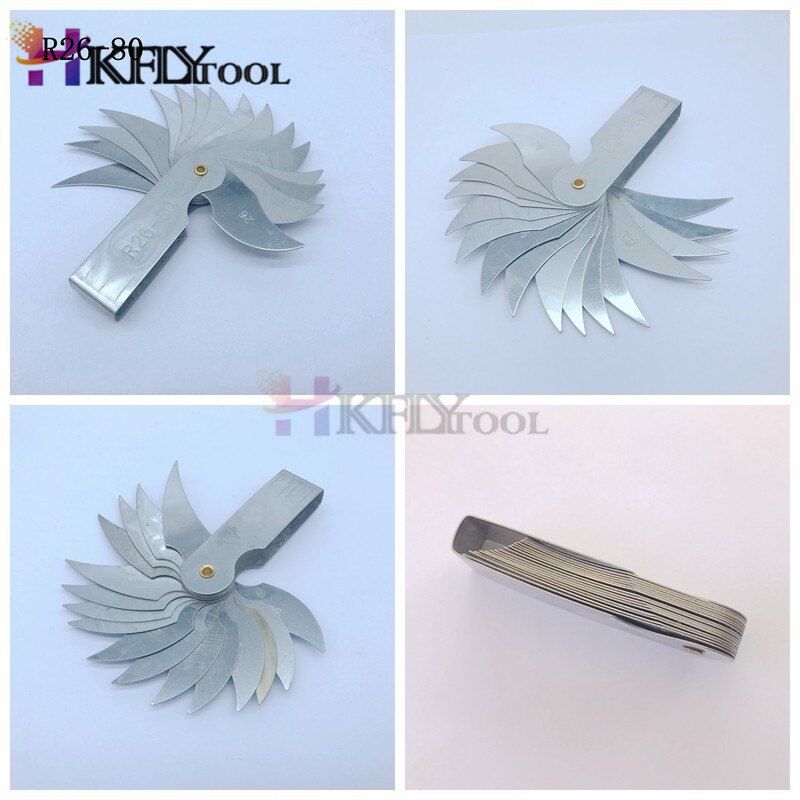R26-80mm Measure Tool 16 Leaves Metal Radius Gauge Gage Measuring Tool External Internal Concave Convex Measuring Gauging Tool