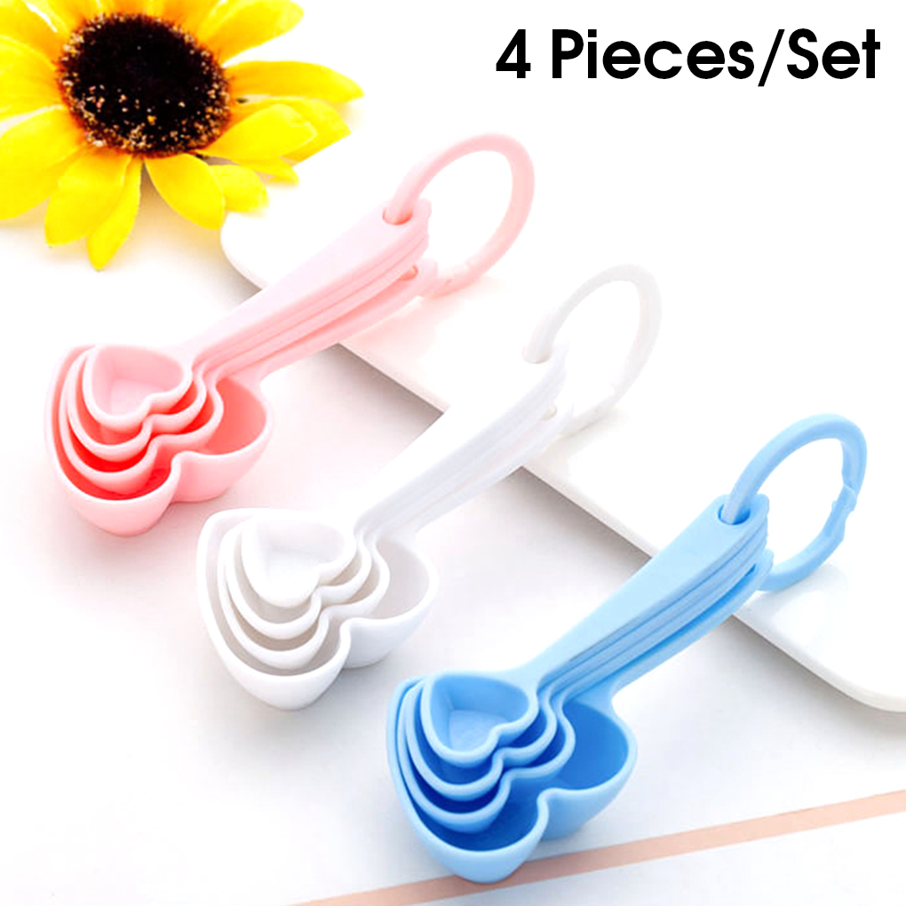 4Pcs Measuring Spoon Heart Shaped Plastic Washable Scoop Scale Portable Baking Cup Ladle Multifunctional Tools Pink
