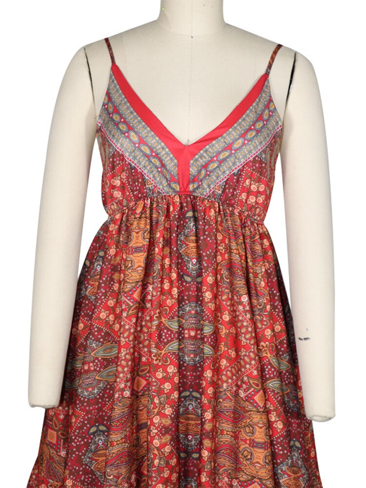 Vintage print v-hals maxi lange strandjurk dames tuniek strandbedekking strandkleding pareo's de playa mujer lange jurk strand