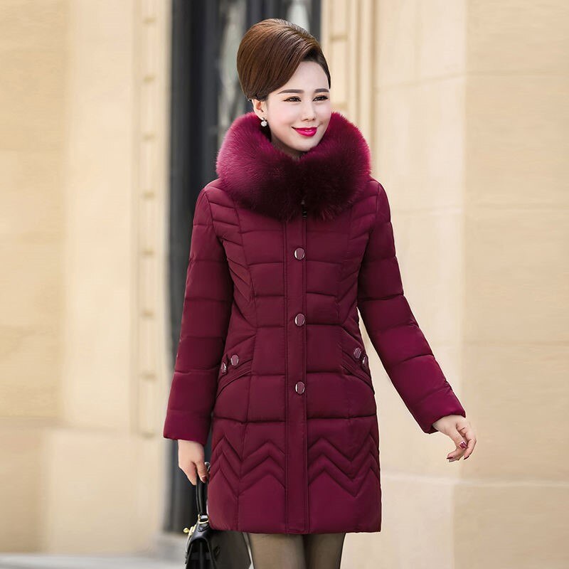 Abrigo de algodón para mujeres de mediana edad y ancianos, Parka de longitud media y grande, chaqueta con capucha, Parkas 5XL, novedad de invierno: Wine red / 4XL