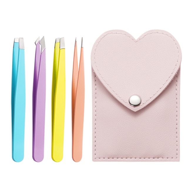 4Pcs Eyebrow Tweezers Set Eyebrow Clip Clamps Trimming Tool Stainless Steel Hair Beard Removal Clips Makeup Tools: Pink-4pcs