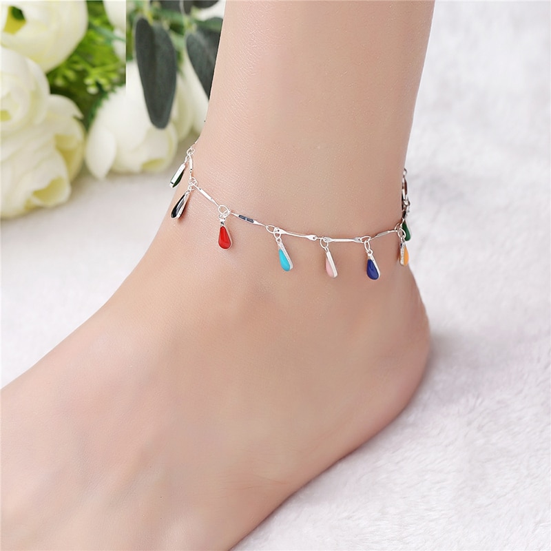 Nova moda 925 prata esterlina corrente tornozeleiras para mulheres boho mulitcolor esmalte tornozelo pulseira pé jóias presentes da menina 5b114