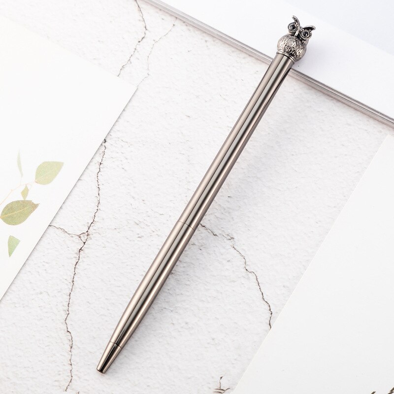 Kawaii Rose Gold Metal Owl Ballpoint Pen Luxury Brand Writing Handle Pens for Girl Nice Office Stationery Supplies: gray