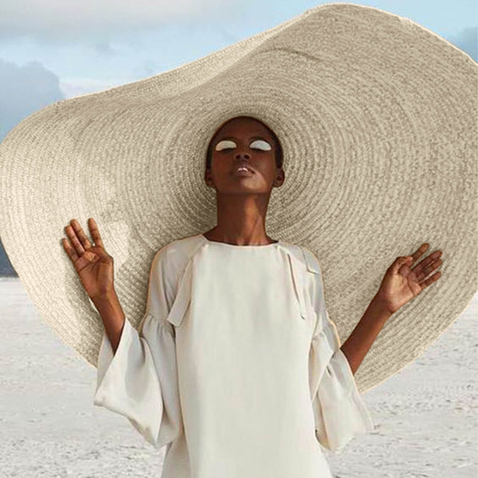 Oversized Straw Hat For Women Wide Brim Summer Sun Hat Packable Large Paper Beach Hat #T2G: C