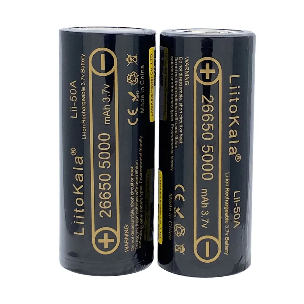 Høy kapasitet liitokala 26650 5000 mah 3.7v li-ion oppladbart batteri 26650-50a batteri til lommelykt 20a pakking