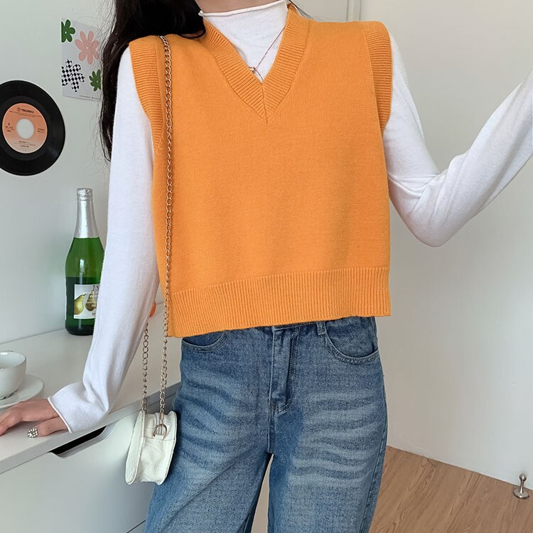 Sweater Vest Women V-neck Solid Knitted All-match Office Ladies Sleeveless Outwear Popular Soft Chic Leisure Korean: pink