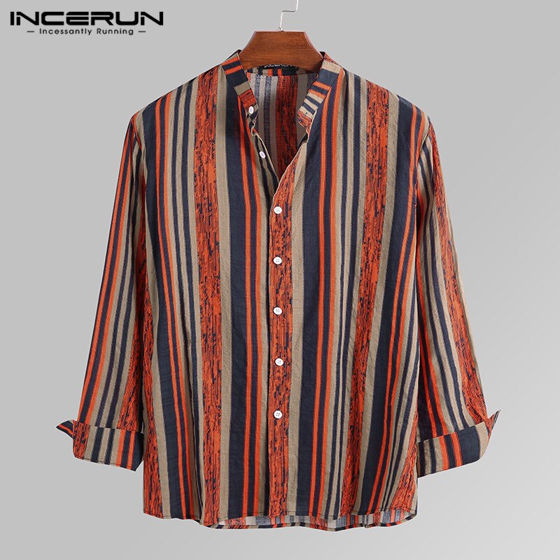 Incerun Vintage Gestreepte Mannen Shirts Lange Mouw Stand Kraag Blouse Man Katoen Chic Ademende Casual Shirts Lente Mens Camisa