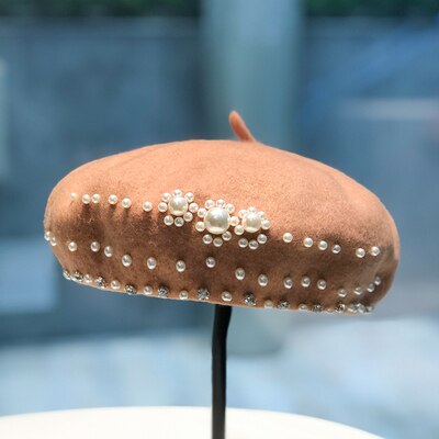 Béret noir rétro britannique pour femmes, automne et hiver, couleur pure, chapeau de peintre de perles en laine, chapeau de citrouille japonais à strass: khaki