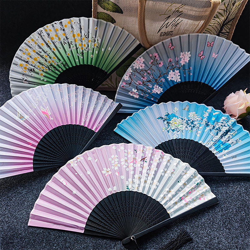 Chinese Japanese Pattern Vintage Flower Butterfly Silk cloth Folding Fan Art Craft Home Decor Ornament Dance Hand Fan Fan