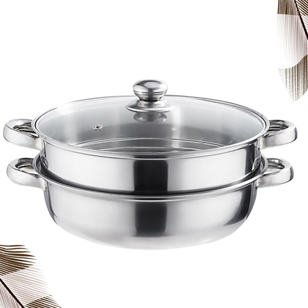 Multifunctional Steam Pot Double Layers Stockpot Stainless Steel Steamer Cooking Boiler Silver (28cm): Default Title