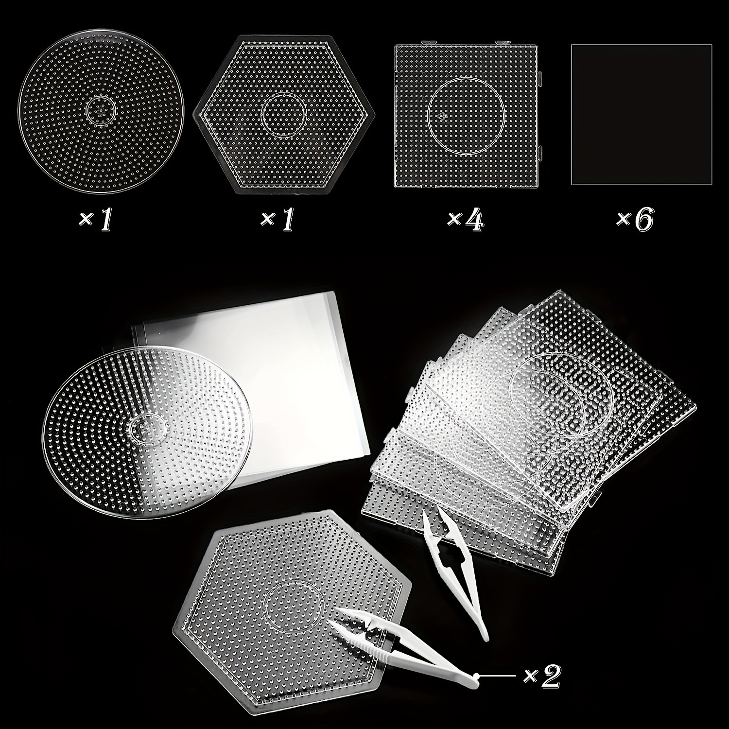 5 mm large, transparent plastic pegboards, bead pegboards with ironing paper and white tweezers, creative diy jewelry making supplies