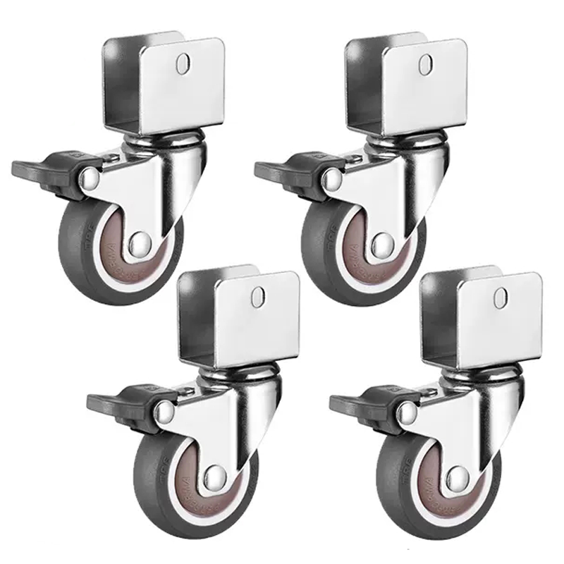 Furniture Crib Casters 1/1.5/2 Inches Soft Rubber Silent Wheels U-shaped Castor With Brake For Cabinet Clamp Replacement Rollers: 2 inch / PURPLE