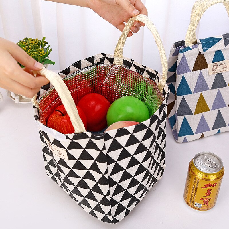 Thermal Insulated Lunch Bag for Women Kids Portable Waterproof Cotton Linen Picnic Food Bag Bento Box Pouch Cooler Totes