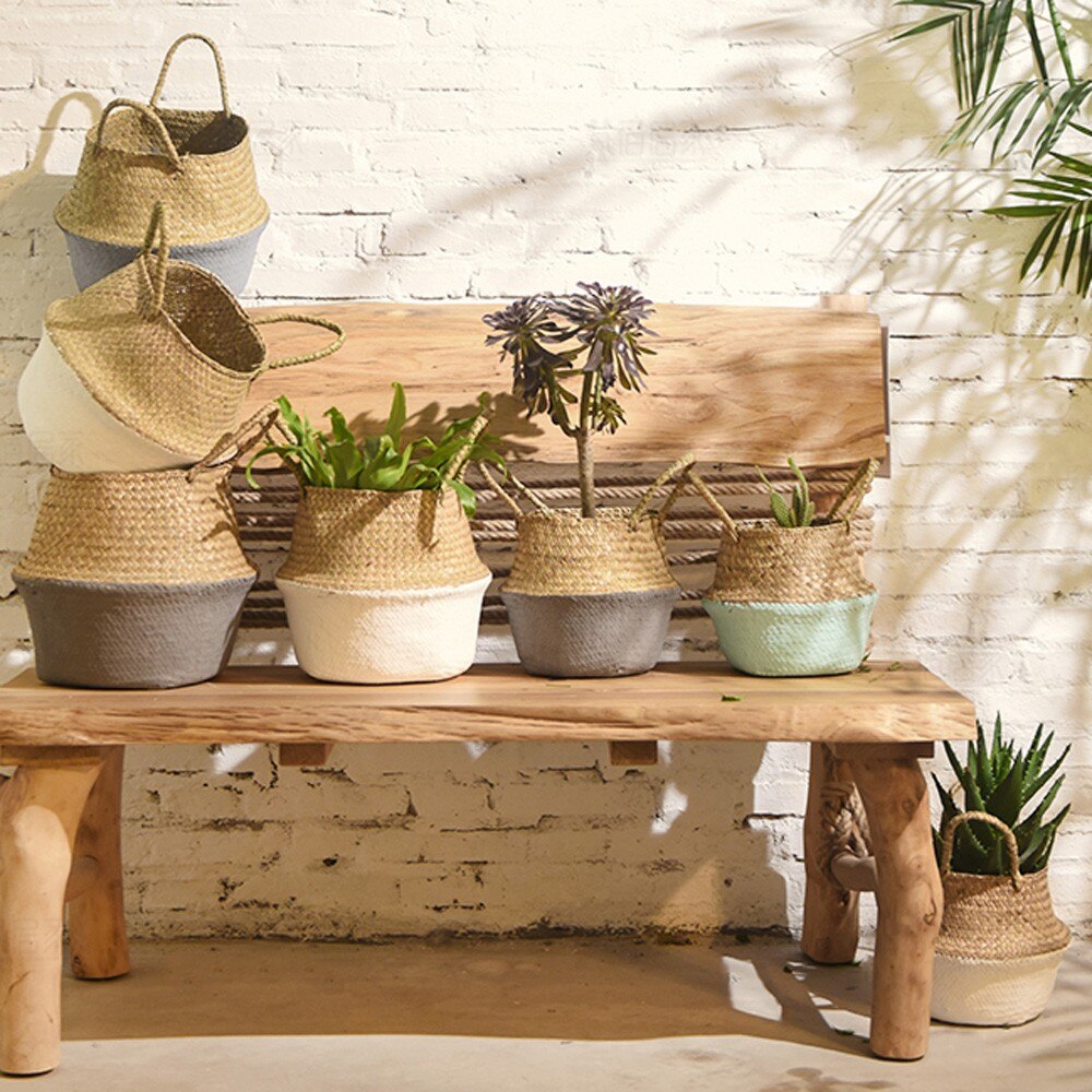 Handmade Seagrass Wicker Basket Plant Fiber Fabric Baskets Woven Basket Folding Basket Storage For Potted Plants Baskets #4