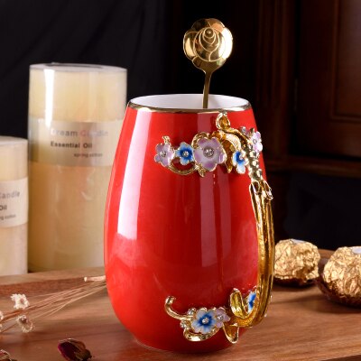 Europa nyhed emalje kaffekop krus blomst te keramik kopper til og kolde drikke mælke legering håndtag kopper og krus: A06