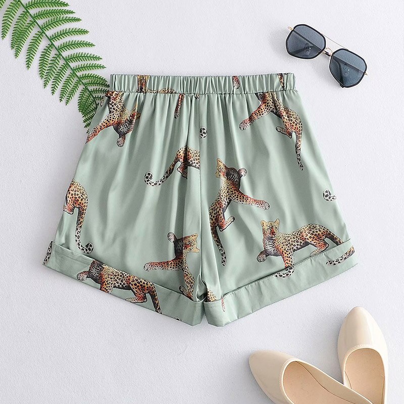 Women Animal Leopard Satin Pajama Suits Short Sleeve Shirt Tops Elastic Waist Wide Leg Shorts Set Female Summer Casual Homewear