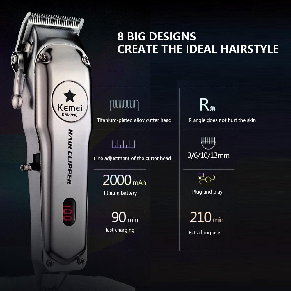 Kemei KM-1996 Professionele Elektrische Tondeuse Oplaadbare Alle Metalen Elektrische Tondeuse Mannen Baard Trimmer Kapsel Machine