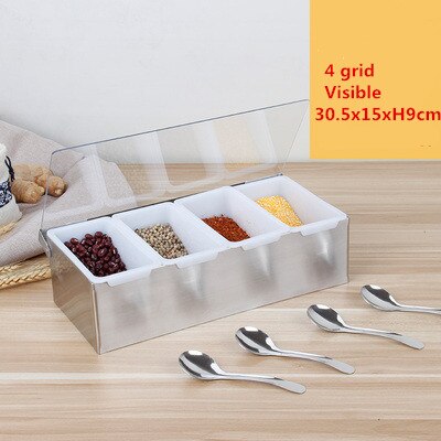 304 Stainless Steel Seasoning Box Hotel Restaurant chef Seasoning Box With Lid Storage Box Household Seasoning Tank: Visible 4 grid