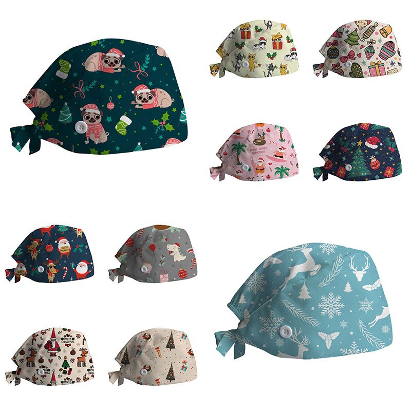Kerstprint chirurgische muts voor dames heren verpleegstersmuts met knoop zweetabsorberende handdoek doktersmuts scrub muts gesp baotou muts