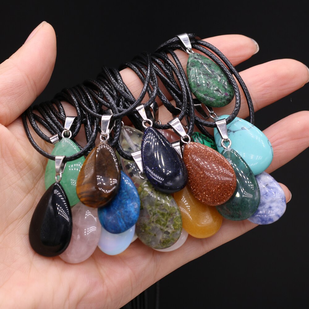 1PC Natural Tiger Eye Stone Crystal Agat Pendant Necklace Water Shape Malachite Charms Ladies Necklaces Jewelry