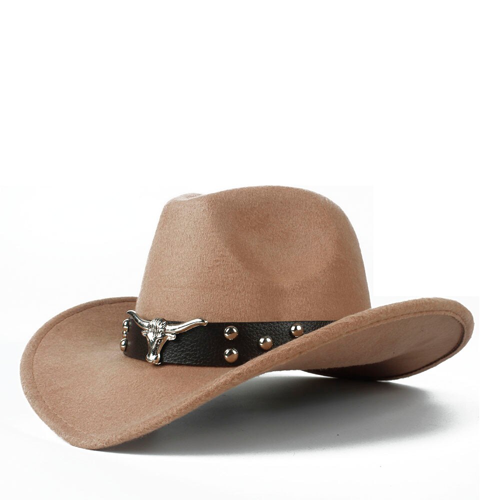 Women Men Wool Hollow Western Cowboy Hat With Tauren Belt Outback Jazz Toca Sombrero Cap Size 56-58CM: Khaki